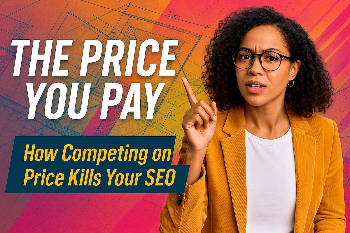 Diverse team of architects collaborating in a bright office, layered with digital search and ranking graphics, representing the transformation of architecture firms through expert SEO.