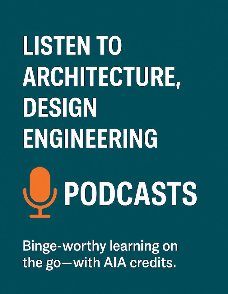 Promotional graphic for Gābl Media’s podcast network, featuring architecture and design themes in teal, orange, and black with bold white space